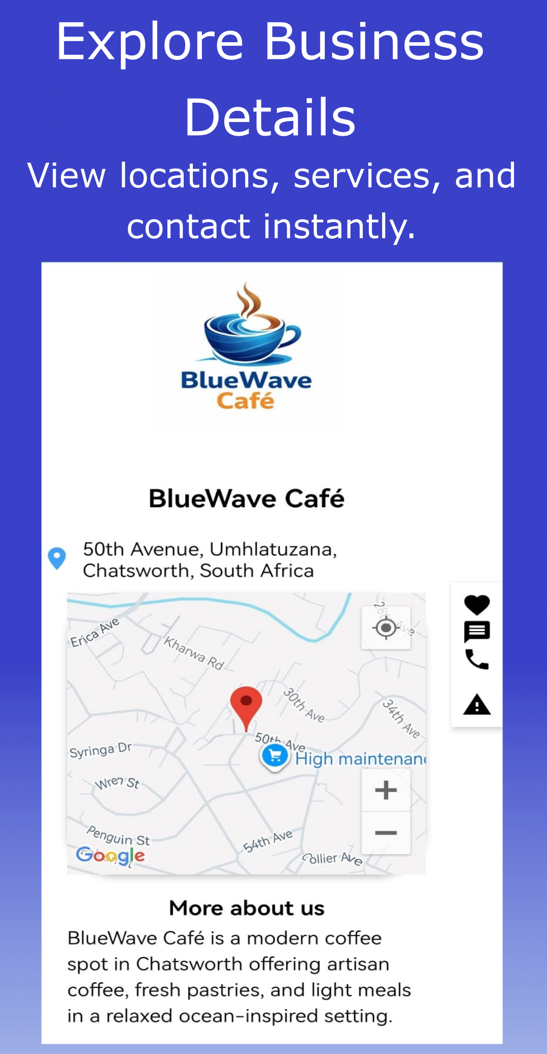 MYB app business profile screen showing business details and services