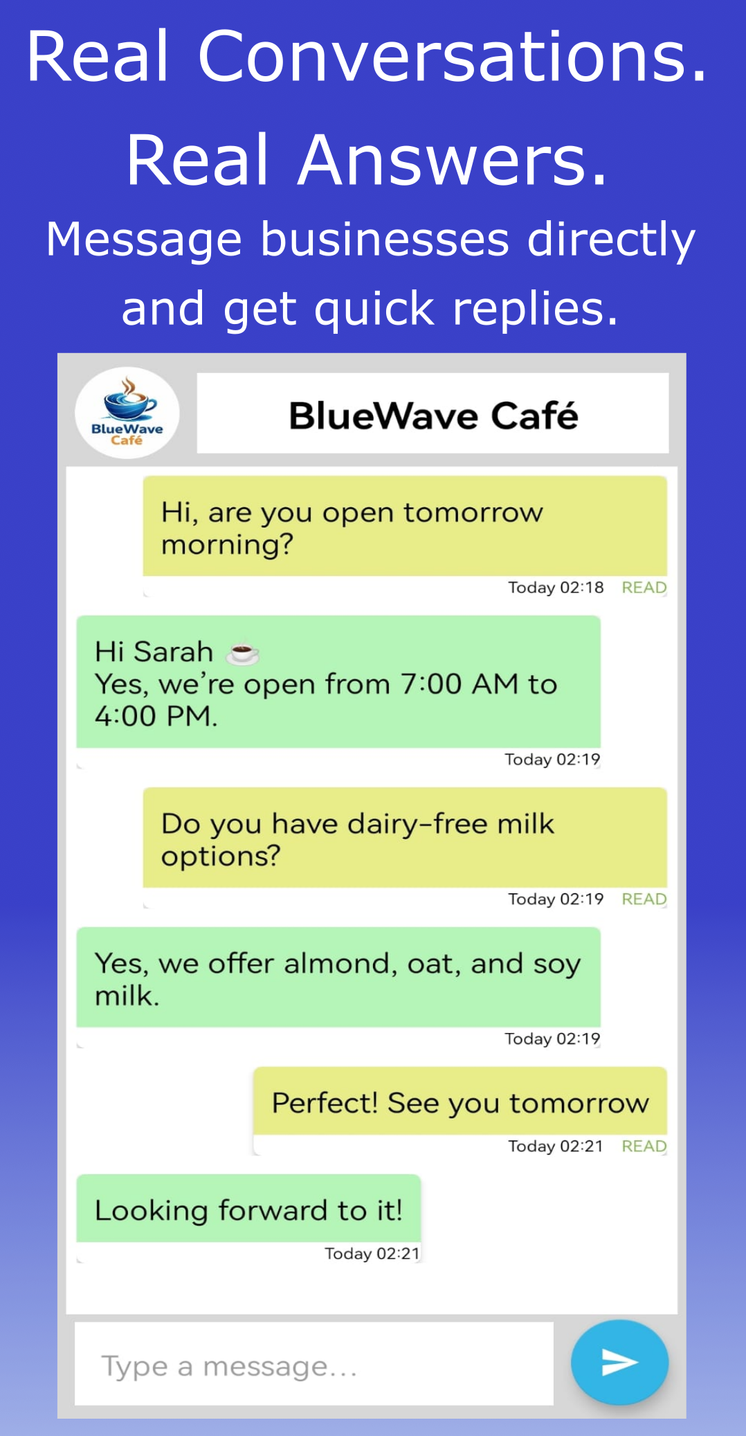 MYB app customer messaging screen for business enquiries