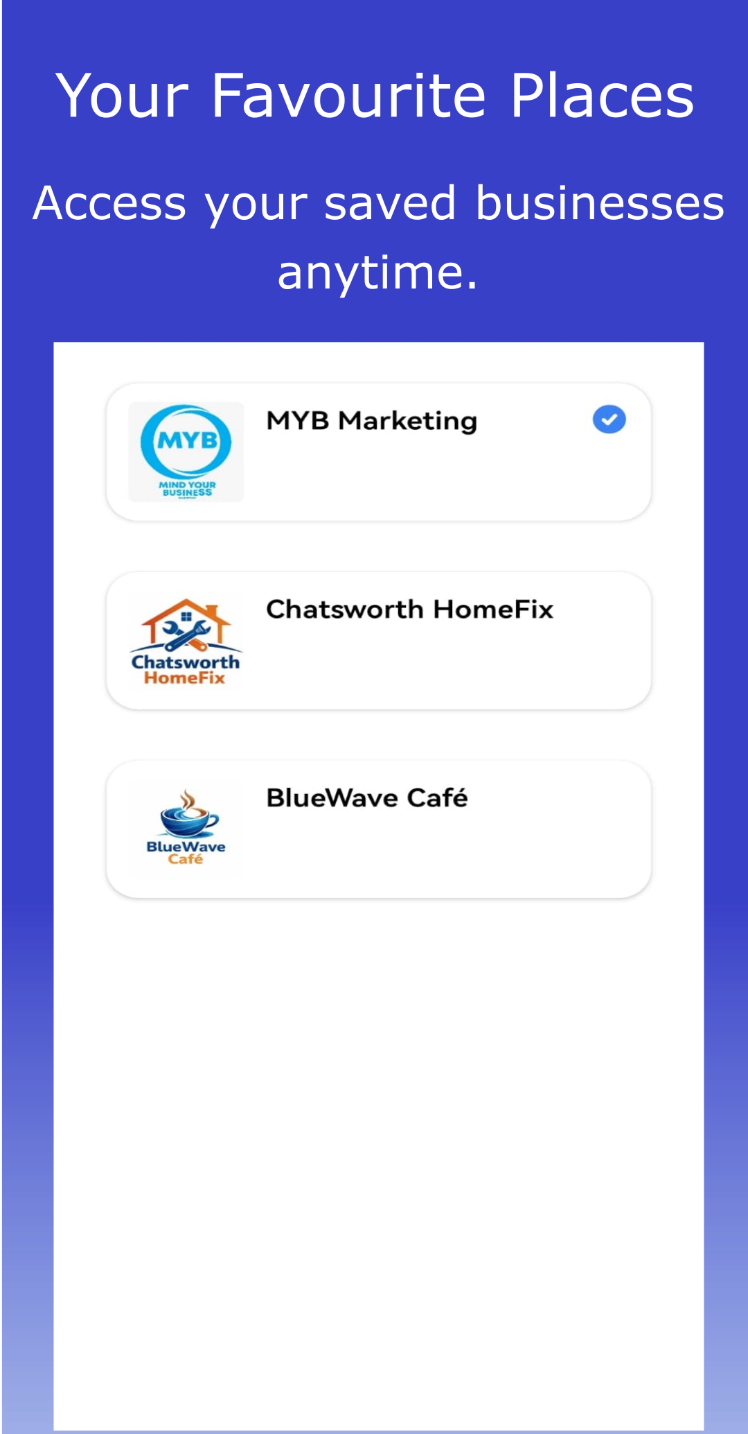 MYB app favourites list screen showing saved businesses